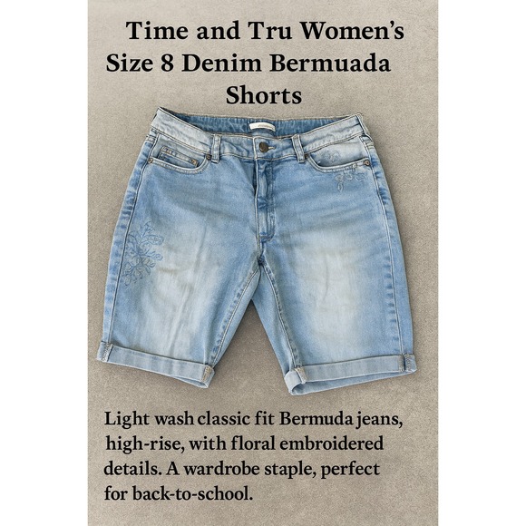 Title: TIME AND TRU Women's Size 8 Denim Bermuda Shorts – Floral Embroidered - Picture 1 of 6